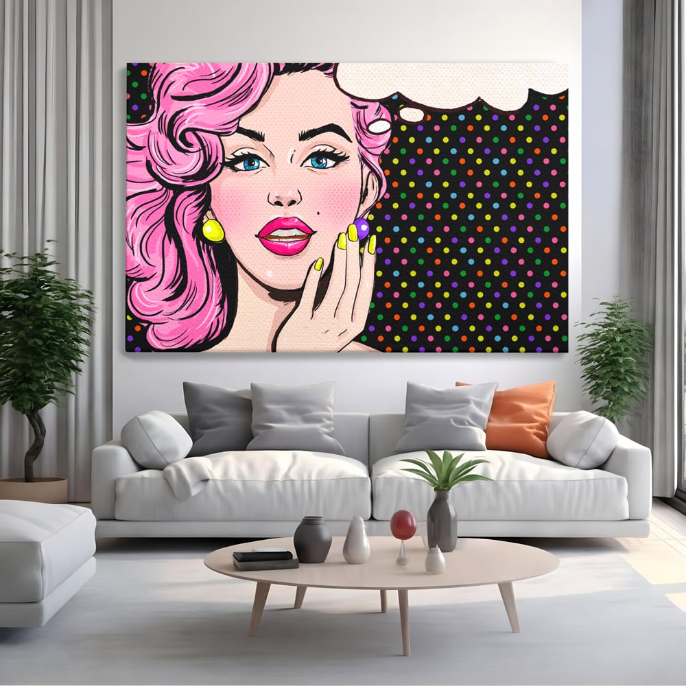 Tablou canvas cu ilustratie pop art cu femeie, fara rama, pe sasiu de lemn, pe perete intr-un living